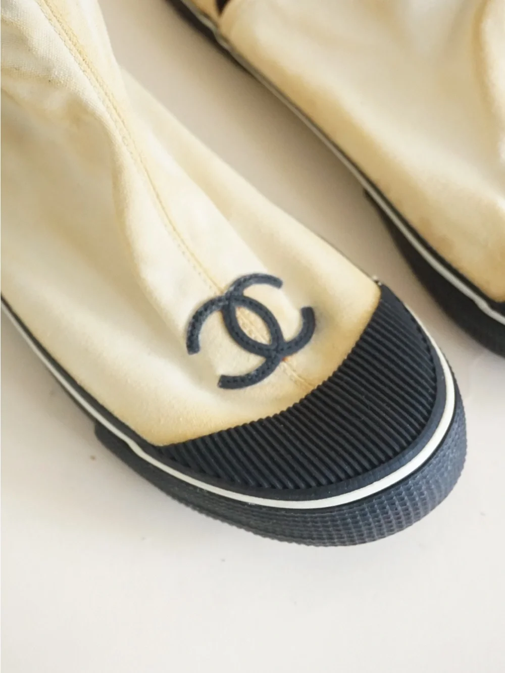 Vintage Chanel Ivory Cotton / Black Rubber Ankle Booties - Size 39 AS IS